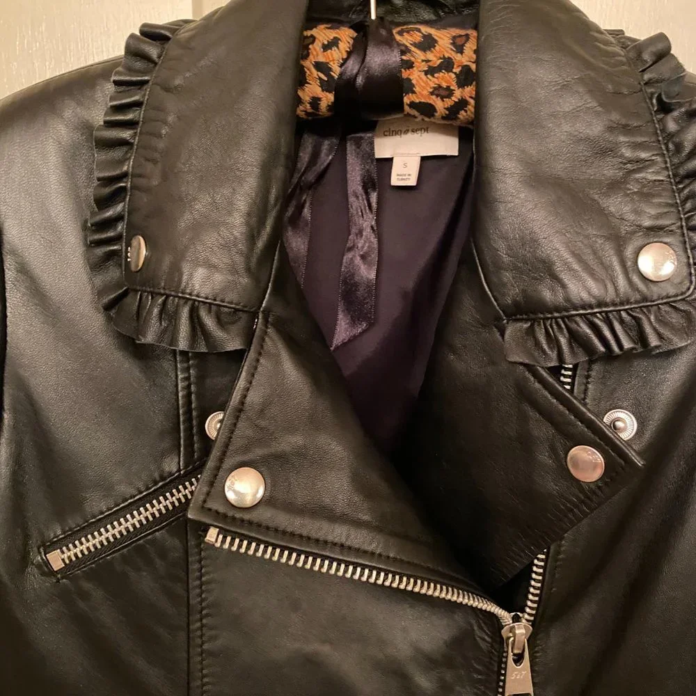 Cinq A Sept Eloise Moto Biker Leather Jacket Ruffled Trim SZ S - Picture 9 of 10